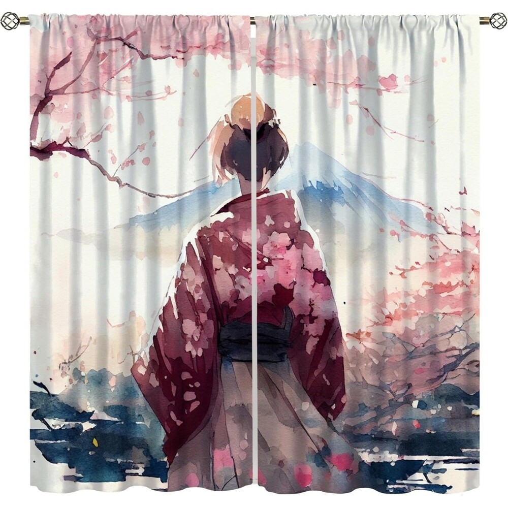 Japanese Geisha Window Curtains Cherry Blossom Blooming Mount Fuji 63x63in